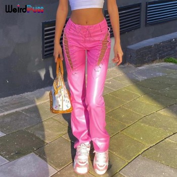 High Waist Pants Women Chic Hollow Out Bandage Sexy Summer Trend Leather